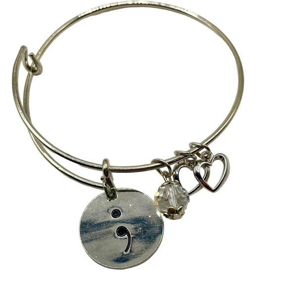 Silver Tone Semi Colon Suicide Prevention Awareness‎ Bangle Charm Bracelet - Picture 3 of 3